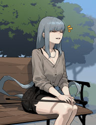 Rule 34 | 1girl, bench, black skirt, breasts, cleavage, closed eyes, feet out of frame, gogalking, grey shirt, highres, holding, jewelry, long hair, long sleeves, necklace, original, outdoors, parted lips, shadow, shirt, sitting, skirt, smile, solo, tree, very long hair