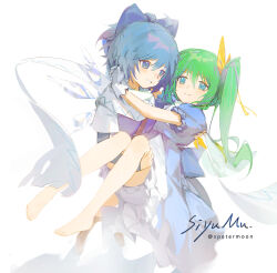 Rule 34 | 2girls, adapted costume, artist name, barefoot, blue bow, blue dress, blue eyes, blue hair, bow, carrying, cirno, closed mouth, daiyousei, detached wings, dress, fairy, green eyes, green hair, grin, hair bow, highres, ice, ice wings, long hair, multiple girls, open mouth, princess carry, puffy short sleeves, puffy sleeves, short hair, short sleeves, side ponytail, signature, simple background, siyumu, smile, touhou, twitter username, white background, wings