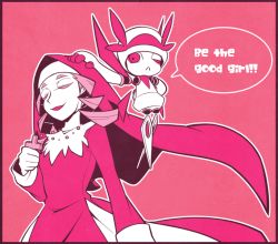 Rule 34 | 1girl, creature, cross, eyebrows, eyelashes, closed eyes, fairy, habit, helmet, necklace, nun, open mouth, original, headpat, pink background, simple background, speech bubble, technoga, text focus, wings