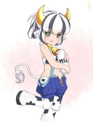 Rule 34 | 1girl, :d, alternate breast size, animal ears, animal print, baigao, bare shoulders, bell, black hair, bottle, child, collar, cow ears, cow girl, cow horns, cow print, cow tail, cowbell, crop top, flat chest, full body, fur, green eyes, heart, heart-shaped pupils, holstaur (monster girl encyclopedia), hooves, horns, leg up, looking at viewer, midriff, milk bottle, monster girl, monster girl encyclopedia, multicolored hair, navel, neck bell, hugging object, open mouth, ponytail, short hair, short ponytail, shorts, smile, solo, standing, standing on one leg, stomach, streaked hair, suspenders, symbol-shaped pupils, tail, tail raised, tank top, two-tone hair, unzipped, white hair, aged down, zipper