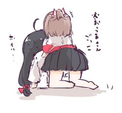 Rule 34 | 10s, 2girls, aged down, ahoge, all fours, barefoot, black hair, bow, brown hair, hachimaki, hair bow, headband, high ponytail, kantai collection, kenoka, long hair, lowres, multiple girls, pleated skirt, red bow, shouhou (kancolle), simple background, sitting, sitting on person, skirt, translation request, white background, zuihou (kancolle)