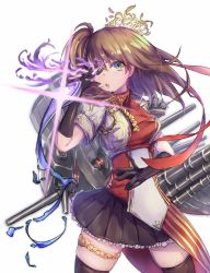Rule 34 | 1girl, azur lane, black gloves, black skirt, black thighhighs, blouse, breasts, brown hair, cannon, chuunibyou, cowboy shot, eyebrows, frilled skirt, frills, gloves, gold trim, green eyes, hair ornament, hair ribbon, highres, legs apart, long hair, looking at viewer, machinery, medium breasts, miniskirt, open mouth, ribbon, shinonome tsukasa, shirt, short sleeves, simple background, skirt, smile, standing, thighhighs, turret, twintails, white background, york (azur lane)