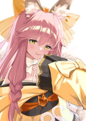 Rule 34 | 1girl, absurdres, animal ear fluff, animal ears, bare shoulders, black skirt, blush, bow, braid, breasts, fate/samurai remnant, fate (series), fox ears, fox girl, fox tail, hair between eyes, hair bow, highres, japanese clothes, kimono, long hair, long sleeves, looking at viewer, nikuromuline, obi, off shoulder, pink hair, sash, short eyebrows, sidelocks, skirt, small breasts, smile, solo, tail, tamamo (fate), tamamo aria (fate), twintails, wide sleeves, yellow bow, yellow eyes, yellow kimono
