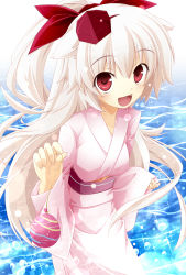 Rule 34 | 1girl, alternate hairstyle, altivr, animal ears, fang, female focus, hat, highres, inubashiri momiji, japanese clothes, kanzaki sora, kimono, long hair, looking at viewer, open mouth, ponytail, red eyes, silver hair, smile, solo, tokin hat, touhou, wolf ears