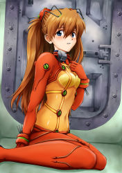 Rule 34 | 1girl, absurdres, baumku techen, blue eyes, blush, bodysuit, breasts, brown hair, clenched teeth, covered navel, evangelion: 2.0 you can (not) advance, hair between eyes, hand on own chest, headgear, highres, indoors, interface headset, kneeling, long hair, multicolored bodysuit, multicolored clothes, neon genesis evangelion, orange bodysuit, plugsuit, rebuild of evangelion, red bodysuit, shiny clothes, sitting, skin tight, small breasts, solo, souryuu asuka langley, teeth, test plugsuit, twintails, very long hair, wariza