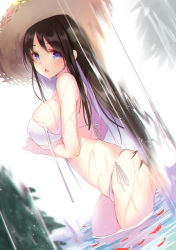 Rule 34 | 1girl, amahara pekozaemon, bare shoulders, bikini, black hair, blue eyes, blurry, blush, breast hold, breasts, commentary request, contrapposto, covered erect nipples, depth of field, dutch angle, from side, hat, head tilt, huge breasts, long hair, looking at viewer, looking to the side, original, outdoors, parted lips, petals, petals on liquid, side-tie bikini bottom, sideboob, sidelocks, skindentation, solo, standing, straw hat, string bikini, swimsuit, untied bikini, wading, water, waterfall, wet, white bikini
