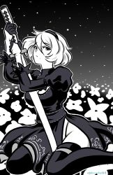 Rule 34 | 1girl, 2b (nier:automata), :/, breasts, cleavage, closed mouth, feet out of frame, gloves, greyscale, hairband, half gloves, highres, holding, holding sword, holding weapon, johncaden, juliet sleeves, katana, large breasts, long sleeves, looking at viewer, mole, mole under mouth, monochrome, nier:automata, nier (series), no panties, planted, planted sword, planted weapon, puffy sleeves, shirt, short hair, side slit, sitting, skirt, sky, solo, star (sky), starry sky, sword, thighhighs, thighs, twitter username, wariza, weapon