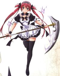 Rule 34 | 1girl, airi (queen&#039;s blade), highres, maid, queen&#039;s blade, red hair, rin-sin, scythe, solo, standing, thighhighs, twintails, weapon