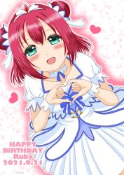 Rule 34 | 1girl, alternate hairstyle, aqua eyes, artist name, artist request, back bow, blush, bow, bracelet, breasts, brightest melody, collarbone, double bun, dress, female focus, frilled dress, frills, green eyes, hair between eyes, hair bun, hairband, heart, heart (symbol), heart hands, highres, jewelry, kurosawa ruby, looking at viewer, love live!, love live! school idol festival, love live! sunshine!!, miniskirt, msp gclover, necklace, parted lips, pearl bracelet, pearl necklace, plaid, plaid dress, plaid skirt, pleated, pleated dress, pleated skirt, puffy short sleeves, puffy sleeves, purple bow, purple hairband, red hair, short hair, short sleeves, skirt, small breasts, smile, solo, white background, white dress, white skirt, white wrist cuffs, wrist cuffs