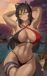 Rule 34 | 1girl, absurdres, animal ears, armpits, arms up, bad id, bad pixiv id, black hair, blue eyes, breasts, brown hair, cleavage, closed mouth, commentary, crossed bangs, dark-skinned female, dark skin, dehya (genshin impact), drink, earrings, english commentary, genshin impact, gradient hair, hair between eyes, highres, jewelry, large breasts, long hair, looking at viewer, multicolored hair, navel, shikube, sitting, smile, solo, thigh strap, thighs