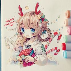 Rule 34 | 1girl, anny (yoai), antlers, art tools in frame, artist name, bell, blue bow, blue eyes, blunt bangs, blush, bow, braid, braided hair rings, brown bow, brown hair, candy, candy cane, christmas, collar, collared shirt, commentary, cookie, crossed bangs, eating, english commentary, english text, fang, foliage, food, frilled collar, frills, gift, gingerbread man, gradient eyes, hair bell, hair bow, hair intakes, hair ornament, hair rings, hairstyle request, hand up, hatching (texture), heart, highres, holding, holding cookie, holding food, holding gift, horns, instagram username, leaf hair ornament, linear hatching, marker, marker (medium), multicolored eyes, open mouth, original, patch, pen (medium), photo (medium), reindeer antlers, shirt, sidelocks, solo, split mouth, star (symbol), star hair ornament, string lights, thick eyebrows, traditional media, upper body, watermark, white shirt, yellow eyes