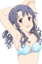 Rule 34 | 1girl, :d, aqua bra, armpits, arms behind head, arms up, bare arms, black hair, blush, bow, bow bra, bra, breasts, cleavage, collarbone, commentary request, floral print, highres, hiroki (yyqw7151), idolmaster, idolmaster million live!, light blush, long hair, looking at viewer, looking to the side, medium breasts, no eyewear, open mouth, orange bow, print bra, red eyes, simple background, smile, solo, takayama sayoko, underwear, underwear only, upper body, wavy hair, white background