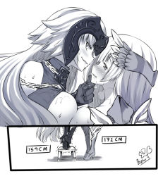 Rule 34 | 2girls, after kiss, armor, blush, breast press, breasts, brynhildr (fate), butter-t, chain, fate/grand order, fate (series), female focus, greaves, greyscale, height difference, jeanne d&#039;arc (fate), jeanne d&#039;arc (ruler) (fate), jeanne d&#039;arc alter (avenger) (fate), jeanne d&#039;arc alter (avenger) (third ascension) (fate), jeanne d&#039;arc alter (fate), long hair, monochrome, multiple girls, ruler (fate/grand order), saliva, saliva trail, simple background, stool, symmetrical docking, tiptoes, very long hair, yuri