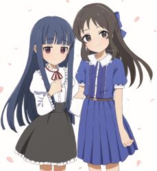 Rule 34 | 2girls, black skirt, blue bow, blue dress, blue hair, bow, brown eyes, brown hair, buttons, clenched hand, collar, commentary request, dot nose, dress, flat chest, frilled shirt, frilled skirt, frilled sleeves, frills, hair bow, hand on another&#039;s back, hand up, highres, idolmaster, idolmaster cinderella girls, juliet sleeves, light blush, long hair, long sleeves, looking at viewer, megabee e, multiple girls, petals, pleated dress, puffy sleeves, red eyes, red ribbon, ribbon, sajo yukimi, shirt, short sleeves, sidelocks, skirt, smile, tachibana arisu, twitter username, white background, white collar, white shirt