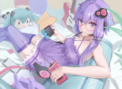 Rule 34 | 1girl, bare arms, bare shoulders, bespectacled, breasts, cellphone, character doll, closed mouth, commentary request, condom, condom wrapper, criss-cross halter, dress, electric guitar, food, from side, glasses, guitar, hair ornament, halterneck, hatsune miku, highres, instrument, joeychen, looking at viewer, looking to the side, lying, mouth hold, on back, on bed, phone, pillow, pink-framed eyewear, pocky, purple dress, purple eyes, purple hair, purple thighhighs, short dress, short hair with long locks, sidelocks, small breasts, smartphone, smile, solo, star-shaped pillow, striped clothes, striped dress, striped thighhighs, thighhighs, vertical-striped clothes, vertical-striped dress, vertical-striped thighhighs, vocaloid, voiceroid, yuzuki yukari, zettai ryouiki