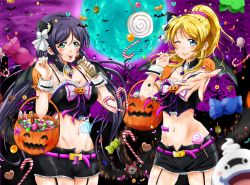 Rule 34 | 2girls, :p, ayase eli, bat (animal), belt, blonde hair, blue eyes, blurry, blush, breasts, candy, candy cane, cleavage, collarbone, depth of field, detached collar, food, full moon, garter straps, green eyes, groin, halloween, halloween bucket, large breasts, long hair, love live!, love live! school idol festival, love live! school idol project, medium breasts, moon, multiple girls, navel, one eye closed, purple hair, purple sky, shogo (4274732), short shorts, shorts, sky, smile, thighs, tongue, tongue out, tojo nozomi, wrist cuffs