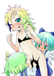Rule 34 | 3girls, :p, absurdres, bad id, bad pixiv id, bikini, blonde hair, blue hair, blush, bottomless, bow, bra, braid, censored, cirno, daiyousei, embodiment of scarlet devil, fig sign, green eyes, green hair, hair bow, highres, kirisame marisa, licking, lingerie, messy hair, multiple girls, naughty face, no headwear, no headwear, nukoosama, one eye closed, saliva, side ponytail, swimsuit, tongue, tongue out, touhou, underwear, underwear only, wings, wink, yuri