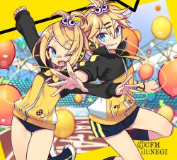 Rule 34 | 1boy, 1girl, badge, balloon, bandaid, bass clef, blonde hair, blue eyes, blurry, brother and sister, buruma, button badge, commentary, confetti, depth of field, gym, gym shorts, hair ornament, hairclip, hatsune miku graphy collection, headphones, jacket, kagamine len, kagamine rin, negi (ulog&#039;be), official art, project diva (series), shoes, short hair, shorts, siblings, stylish energy (module), track jacket, tsurime, twins, uwabaki, vocaloid, zipper