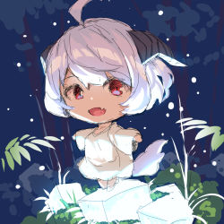 Rule 34 | 1girl, :d, ahoge, barefoot, breasts, chibi, commentary request, dress, eyebrows hidden by hair, fang, glowing, highres, horns, long sleeves, looking at viewer, medium breasts, night, night sky, open mouth, original, outdoors, red eyes, sketch, sky, smile, solo, tree, white dress, white hair, wide sleeves, yuuji (yukimimi)