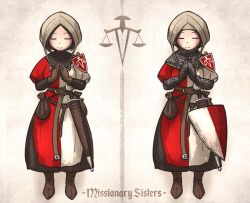 Rule 34 | 2girls, armor, belt, belt pouch, boots, brown belt, brown footwear, brown gloves, chainmail, closed eyes, english text, gloves, hat, highres, ironlily, multiple girls, ordo mediare sisters (ironlily), pouch, praying, shield, simple background, sword, weapon