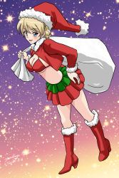 Rule 34 | 1girl, artist name, bikini, blonde hair, blue eyes, boots, braid, braided bun, breasts, christmas, commentary, darjeeling (girls und panzer), dated, fur-trimmed jacket, fur trim, girls und panzer, gradient sky, hair bun, hand on own hip, hat, holding, holding sack, jacket, knee boots, looking at viewer, matsui yasutsugu, medium breasts, midriff, miniskirt, open mouth, over shoulder, pleated skirt, red bikini, red footwear, red hat, red jacket, red skirt, sack, santa boots, santa costume, santa hat, short hair, shrug (clothing), signature, skirt, sky, smile, solo, standing, star (sky), starry sky, swimsuit, twin braids