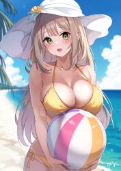 Rule 34 | 1girl, :d, absurdres, ball, beach, beachball, bikini, blonde hair, blue archive, blue sky, breasts, cloud, day, flower, green eyes, guri (gri1211), hat, hat flower, highres, holding, holding ball, large breasts, looking at viewer, no halo, nonomi (blue archive), nonomi (swimsuit) (blue archive), ocean, official alternate costume, open mouth, outdoors, sideboob, sky, smile, solo, sun hat, swimsuit, yellow bikini