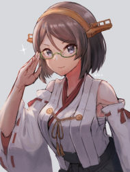 Rule 34 | 1girl, black eyes, black hair, black skirt, commentary request, detached sleeves, green-framed eyewear, grey background, hairband, kantai collection, kirishima (kancolle), nontraditional miko, partial commentary, salute, short hair, simple background, skirt, smile, solo, sparkle, upper body, wss (nicoseiga19993411)