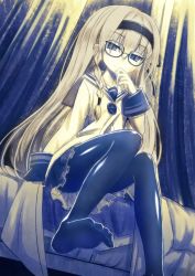 Rule 34 | 1girl, blonde hair, blue eyes, blush, braid, dutch angle, feet, foot focus, glasses, gretel (mary skelter), headband, looking at viewer, mary skelter, mizunashi (second run), pantyhose, sitting, skirt, solo