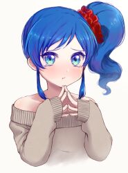 Rule 34 | 1girl, aikatsu!, aikatsu! (series), aqua eyes, bare shoulders, blue eyes, blue hair, blush, brown sweater, closed mouth, collarbone, eyelashes, fingers together, furrowed brow, hair ornament, hair scrunchie, hands up, kiriya aoi, long sleeves, looking at viewer, medium hair, mo sabo, multicolored eyes, off-shoulder sweater, off shoulder, pout, red scrunchie, scrunchie, side ponytail, sidelocks, simple background, sleeves past wrists, solo, sweater, swept bangs, tearing up, tears, upper body, wavy hair, white background