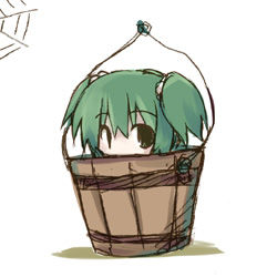 Rule 34 | 1girl, bucket, chibi, dorua (dollar), female focus, green hair, in bucket, in container, kisume, lowres, simple background, solo, touhou, white background