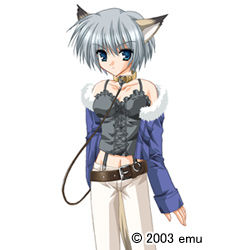 Rule 34 | 00s, 1girl, 2003, angry, animal ears, bare shoulders, belt, blue eyes, collar, corset, dog ears, dog tail, fuse, fuse (kin&#039;youbi no koneko), game cg, jacket, kin&#039;youbi no koneko, leash, lowres, nekoneko, pants, short hair, silver hair, simple background, solo, standing, tail, text focus, watermark