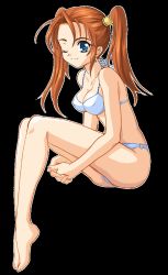 Rule 34 | 1girl, barefoot, bikini, blue eyes, brown hair, dragon quest, dragon quest viii, full body, jessica albert, one eye closed, red hair, sitting, solo, square enix, swimsuit, transparent background, twintails, wink
