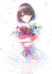 Rule 34 | 1girl, absurdres, bare arms, bouquet, brown eyes, brown hair, closed mouth, confetti, dress, flower, head tilt, highres, holding, holding bouquet, katou megumi, kikuwata, looking at viewer, saenai heroine no sodatekata, see-through, short hair, simple background, smile, solo, standing, white background, white dress