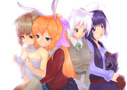 Rule 34 | 4girls, ahoge, alternate hairstyle, animal, animal ears, blue eyes, blue hair, breast conscious, breasts, brown eyes, brown hair, cat, cat ears, charlotte e. yeager, charlotte e yeager (cosplay), cosplay, costume switch, crossover, dog days, fish, food in mouth, frown, holo, holo (cosplay), koshimizu ami, large breasts, leonmitchelli galette des rois, leonmitchelli galette des rois (cosplay), long hair, multiple crossover, multiple girls, murasaki imo, navel, noihara himari, noihara himari (cosplay), nyanpire, nyanpire (character), omamori himari, orange hair, ponytail, purple eyes, rabbit ears, rabbit girl, red eyes, small breasts, smile, spice and wolf, strike witches, tail, voice actor connection, white hair, wolf ears, wolf tail, world witches series