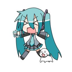 Rule 34 | &gt; &lt;, 1girl, aqua hair, black skirt, chibi, chibi miku, detached sleeves, dog, closed eyes, hamo (dog), hatsune miku, headphones, minami (colorful palette), miniskirt, necktie, open mouth, outstretched arms, pleated skirt, recursion, skirt, twintails, vocaloid