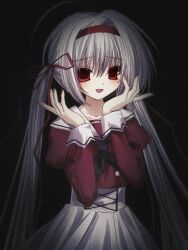 Rule 34 | 1girl, black background, black neckerchief, film grain, grey hair, hair ribbon, hairband, hajang68, hands up, high-waist skirt, highres, juliet sleeves, long hair, long sleeves, looking at viewer, neckerchief, open mouth, original, puffy sleeves, red eyes, red hairband, red ribbon, red shirt, ribbon, sailor collar, shirt, skirt, smile, solo, standing, straight hair, twintails, upper body, very long hair, white sailor collar, white skirt
