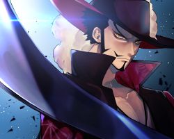 Rule 34 | 1boy, absurdres, beard, closed mouth, collarbone, dracule mihawk, facial hair, frown, hat, highres, katana, looking at viewer, mmn (user tmjt3227), mustache, one piece, red hat, solo, sword, upper body, weapon, yellow eyes, yoru (sword)