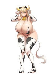 Rule 34 | 1girl, absurdres, animal ears, animal print, bear ears, bell, bikini, black collar, blonde hair, blue eyes, breasts, cleavage, collar, cow horns, cow print, dryseaweed, elbow gloves, fake animal ears, fake horns, frigga (last origin), full body, gloves, hair between eyes, highres, horns, huge breasts, last origin, long hair, looking at viewer, mole, mole under mouth, neck bell, simple background, smile, solo, standing, swimsuit, thick thighs, thighhighs, thighs, white background, white bikini, white gloves, white thighhighs, wide hips