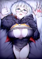 Rule 34 | 1girl, absurdres, black dress, black jacket, blue eyes, blush, breasts, cleavage, cropped jacket, dress, fate/grand order, fate (series), foreshortening, glasses, grey hair, highres, jacket, jacques de molay (foreigner) (fate), large breasts, len (hand linke), long sleeves, looking at viewer, open clothes, open jacket, open mouth, short dress, short hair, smile, solo focus, thighs