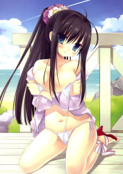 Rule 34 | 1girl, absurdres, ankle ribbon, bare shoulders, beach, bikini, black hair, blouse, blue eyes, blush, breast hold, breasts, cleavage, cloud, contrail, day, high heels, highres, large breasts, leg ribbon, long hair, miyasu risa, navel, open clothes, open shirt, open shoes, original, outdoors, ponytail, ribbon, scan, shirt, shoes, side-tie bikini bottom, sidelocks, sitting, smile, solo, swimsuit, untied, wariza, white bikini, wide ponytail