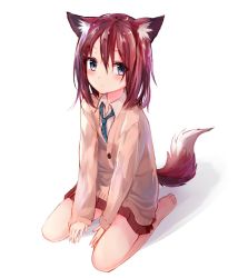 Rule 34 | 1girl, animal ears, barefoot, blue eyes, brown hair, cardigan, collared shirt, dog ears, dog tail, expressionless, full body, miniskirt, original, pleated skirt, seiza, shadow, shirt, simple background, sitting, skirt, solo, sukemyon, tail, white background, wing collar