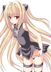 Rule 34 | 00s, 1girl, amou mari, bare shoulders, belt, blonde hair, clothes lift, dress, dress lift, female focus, konjiki no yami, long hair, panties, panty pull, red eyes, simple background, solo, thigh strap, to love-ru, twintails, two side up, underwear, undressing