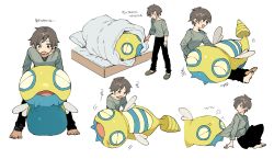 Rule 34 | 1boy, :d, barefoot, bed sheet, black eyes, black pants, blush, blush stickers, brown hair, commentary request, creatures (company), dunsparce, game freak, gen 2 pokemon, happy, highres, leaning forward, lower teeth only, male focus, multiple views, newo (shinra-p), nintendo, on lap, open mouth, pants, pokemon, pokemon (creature), pokemon on lap, shirt, short hair, sitting, slippers, smile, spread legs, standing, sweatdrop, teeth, toes, translation request