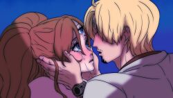 Rule 34 | 1boy, 1girl, absurdres, blonde hair, blue eyes, blush, brown hair, charlotte pudding, crying, crying with eyes open, curly eyebrows, facial hair, hair over one eye, hands on another&#039;s face, hetero, highres, imminent kiss, jacket, juliet sleeves, long hair, long sleeves, looking at another, one piece, open clothes, pink sweater, puffy sleeves, rita ya, sanji (one piece), shirt, short hair, snot, sweater, tears, teeth, third eye, twintails, watch, wristwatch