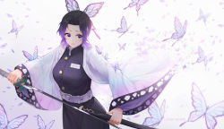 Rule 34 | 1girl, animal, bad id, bad pixiv id, black hair, black jacket, black pants, blush, breasts, bug, butterfly, butterfly hair ornament, closed mouth, commentary request, forehead, gradient hair, gu tao, hair ornament, highres, holding, holding sheath, holding sword, holding weapon, insect, jacket, katana, kimetsu no yaiba, kochou shinobu, long sleeves, medium breasts, multicolored hair, open clothes, pants, parted bangs, purple eyes, purple hair, sheath, smile, solo, sword, unsheathed, weapon, wide sleeves