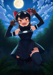 Rule 34 | 1girl, apron, asama fumi, bare shoulders, black apron, black hair, black shirt, black skirt, black sleeves, black thighhighs, blush, brown gloves, claw pose, detached sleeves, extra ears, fangs, full moon, gloves, highres, kemono friends, moon, multicolored hair, night, night sky, open mouth, orange eyes, shirt, skirt, sky, sleeveless, solo, tasmanian devil (kemono friends), tasmanian devil ears, tasmanian devil tail, thighhighs, two-tone hair, white hair, zettai ryouiki