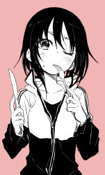 Rule 34 | 1girl, blush, brown background, collarbone, commentary request, eyebrows hidden by hair, fork, hair between eyes, highres, holding, holding fork, holding knife, jacket, kagawa rin, knife, long sleeves, looking at viewer, monochrome, shirt, solo, soredemo ayumu wa yosetekuru, sweat, thick eyebrows, upper body, utensil in mouth, yamamoto souichirou