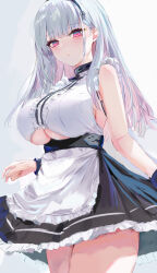 Rule 34 | 1girl, absurdres, apron, azur lane, bare shoulders, black hairband, blush, breasts, clothing cutout, dido (azur lane), dress, frills, grey hair, hairband, highres, large breasts, long hair, looking at viewer, lshiki, purple eyes, sleeveless, solo, thighhighs, underboob, underboob cutout, white apron, white hair, white thighhighs