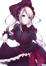 Rule 34 | absurdres, breasts, dress, frilled dress, frilled sleeves, frills, gothic lolita, highres, lolita fashion, long hair, long sleeves, looking at viewer, neck ribbon, overlord (maruyama), red ribbon, ribbon, ruga (orage38), shalltear bloodfallen, smile, solo, vampire, very long hair, white background, white hair