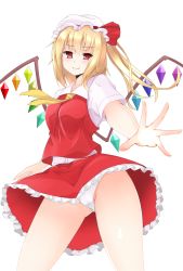 Rule 34 | 1girl, ascot, bad id, bad pixiv id, blonde hair, blush, breasts, flandre scarlet, hat, highres, aged up, outstretched arm, outstretched hand, panties, red eyes, short hair, side ponytail, skirt, smile, solo, surota, touhou, underwear, white panties, wings